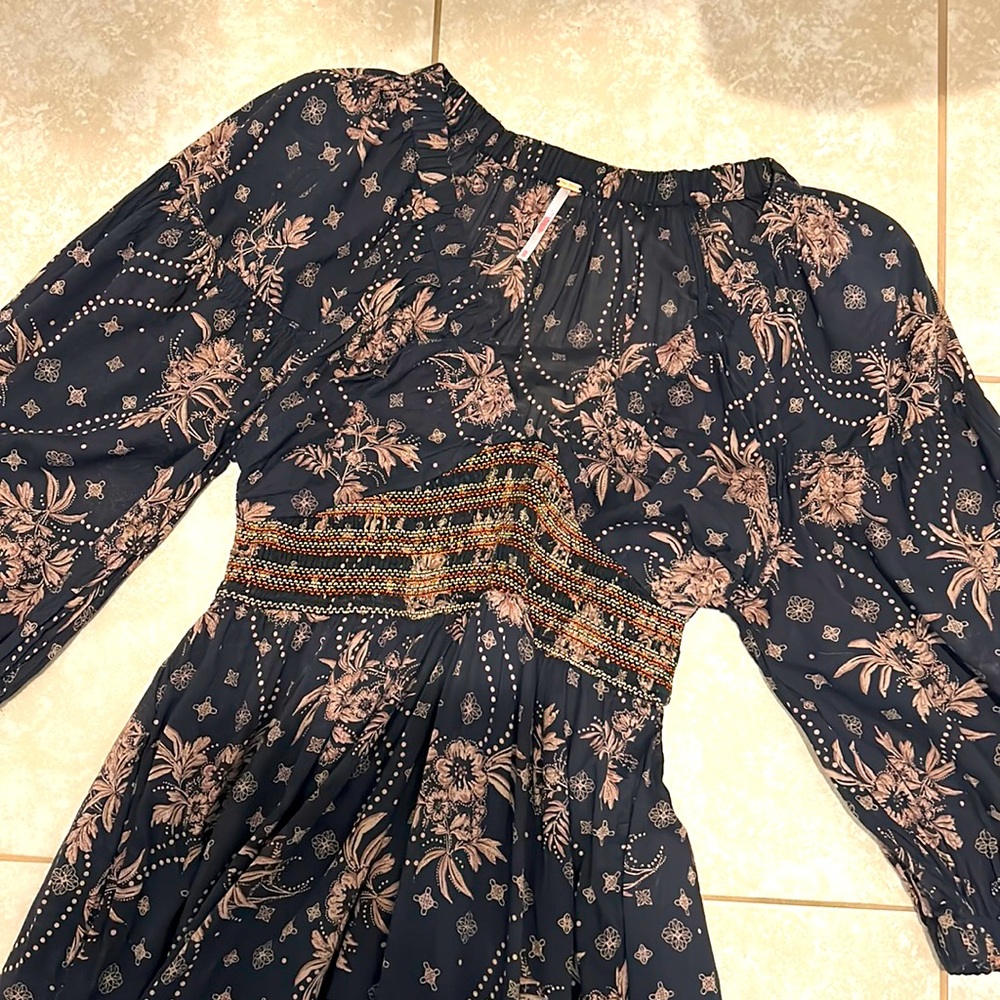 Free People Navy Blue Maxi Dress with Blush Floral Print